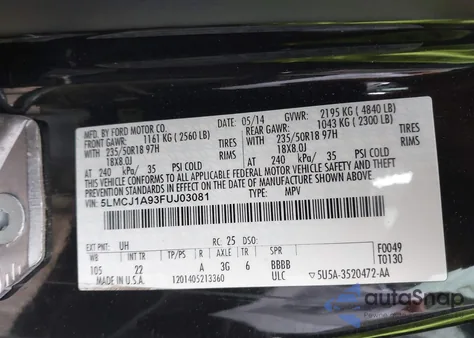 2015 Lincoln Mkc z USA, uszkodzony, nr VIN 5LMCJ1A93FUJ03081